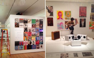 From left: Hard at work installing the Making Music Modern gallery. One of the directional speaker domes is visible in the foreground. Photo: Juliet Kinchin; Delicate Steve plays MoMA's newly acquired 1957 Fender Stratocaster during the exhibition’s opening-night celebration