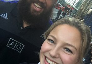 Prop Charlie Faumuina poses for a picture with Yasmin Robinson near Westminster Bridge